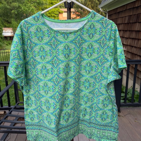 Talbots Plus Tee Shirt Green and blue geometric design 2X - Picture 1 of 3